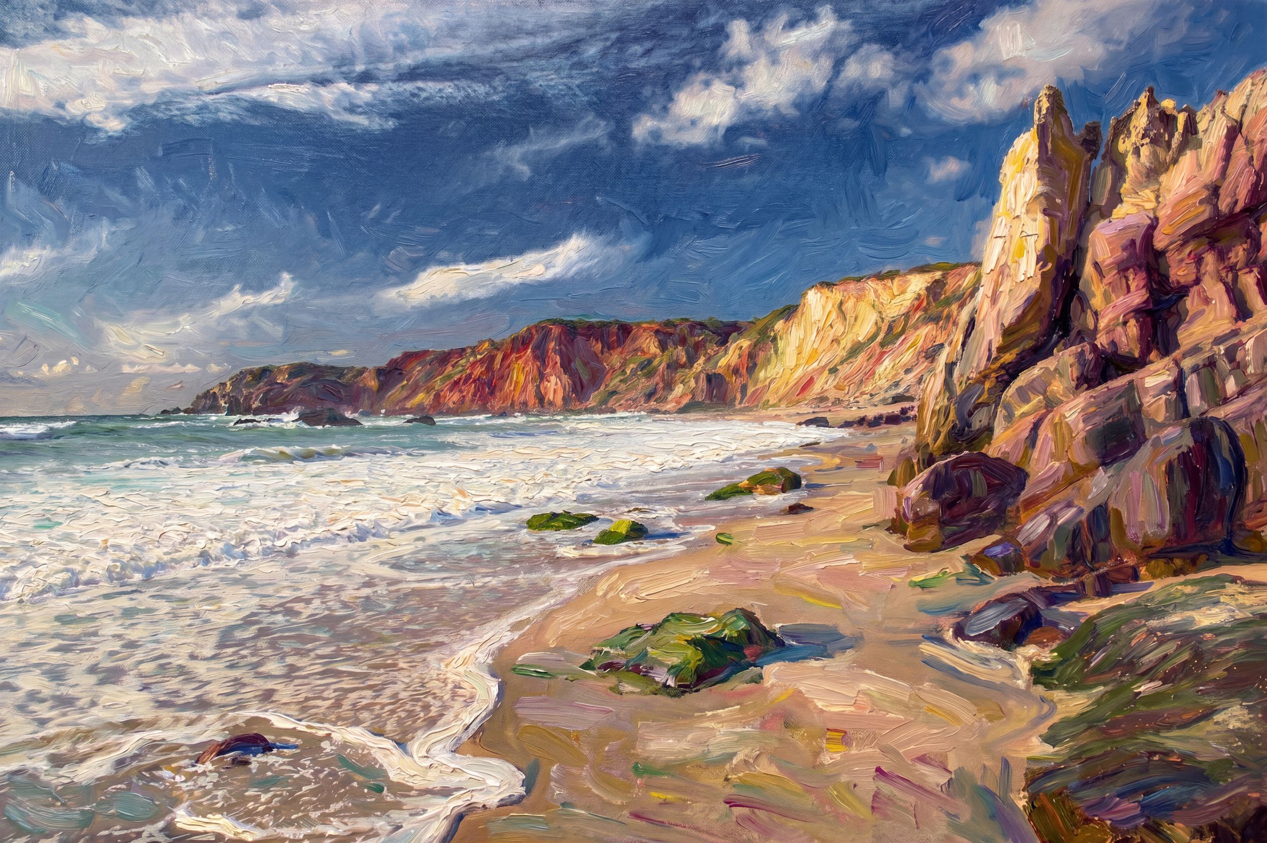 Impressionist painting of a rocky coastal beach with red cliffs, ocean waves, and dramatic blue sky.
