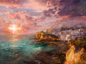 Oil painting of a coastal Mediterranean town on cliffs at sunset with dramatic pink clouds and turquoise waters.