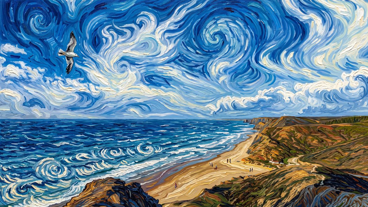 Van Gogh-style swirling painting of a coastal landscape with dramatic blue skies, ocean waves, cliffs, and a soaring seagull.