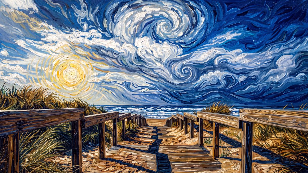 Van Gogh-inspired painting of a wooden boardwalk leading to a beach under a swirling starry night sky with bold brushstrokes.