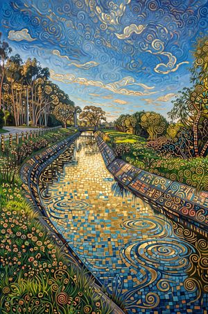 Vibrant mosaic-style painting of a canal with swirling skies, golden reflections, lush trees, and colorful flowers lining the banks.