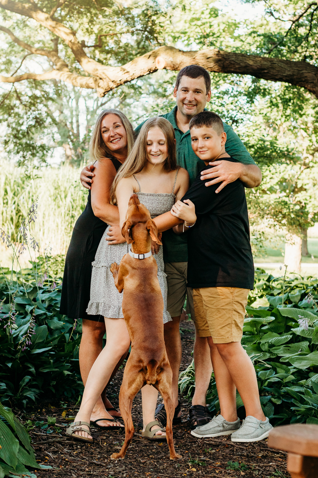 A family of four all hugging each other laughing and smiling while a dog jumps up for a hug as well.
