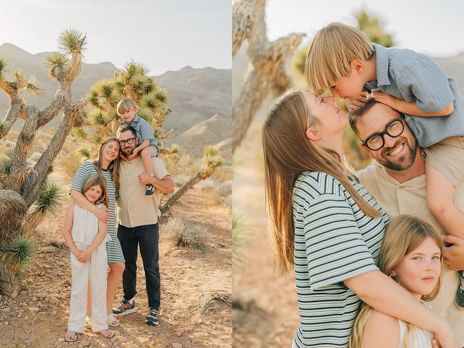 Family of four poses among Joshua trees and desert mountains, parents smiling with two young children in warm golden light.
