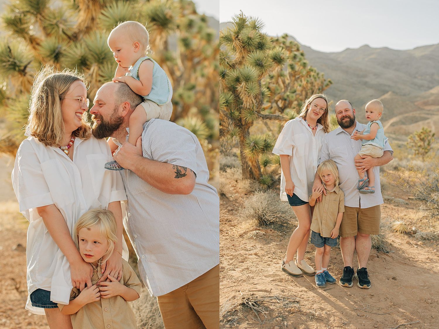 Family portrait with parents and two young children posing among Joshua trees in a desert landscape.