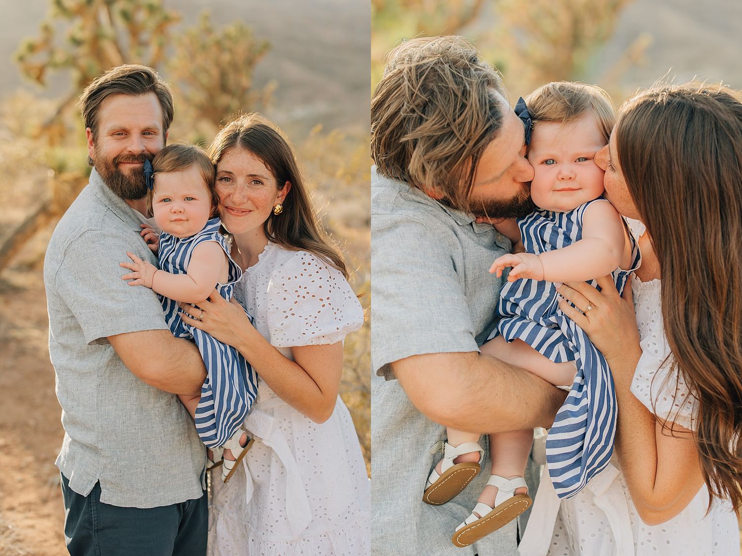Family portrait of parents kissing baby girl outdoors in desert setting, wearing coordinated white and blue outfits.
