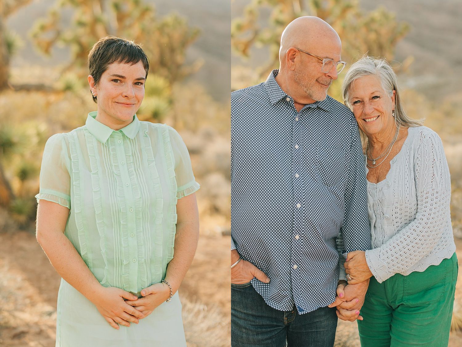 Woman in mint green dress outdoors, couple in blue and green embracing warmly in desert landscape.
