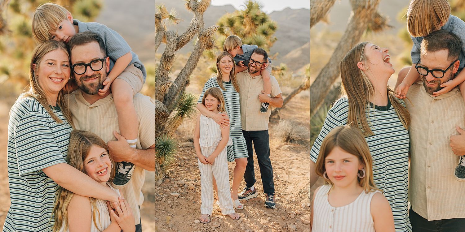 Family portrait session in Joshua Tree desert with parents and two children posing among cacti in natural light.
