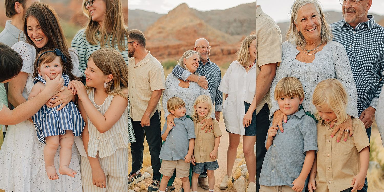 Family portrait session in desert landscape with children and grandparents wearing coordinated neutral and blue outfits.