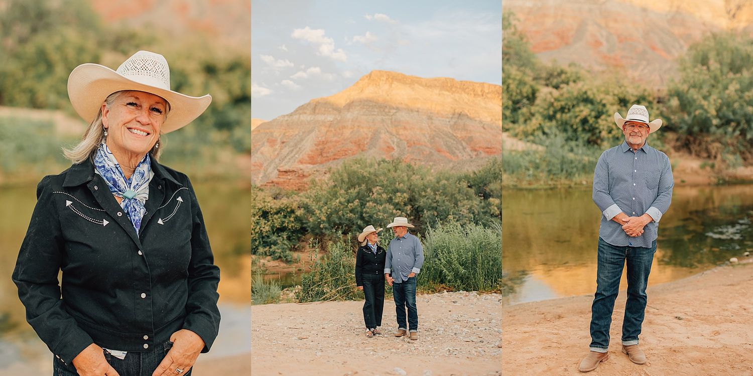 Couple and individual portraits outdoors near a red rock canyon and river, wearing western hats and casual ranch attire.