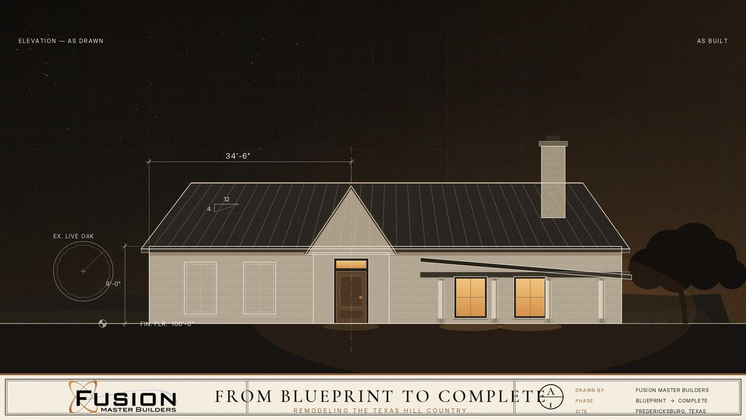 Fusion blueprint architectural elevation drawing of a single-story home with metal roof and chimney on dark background.