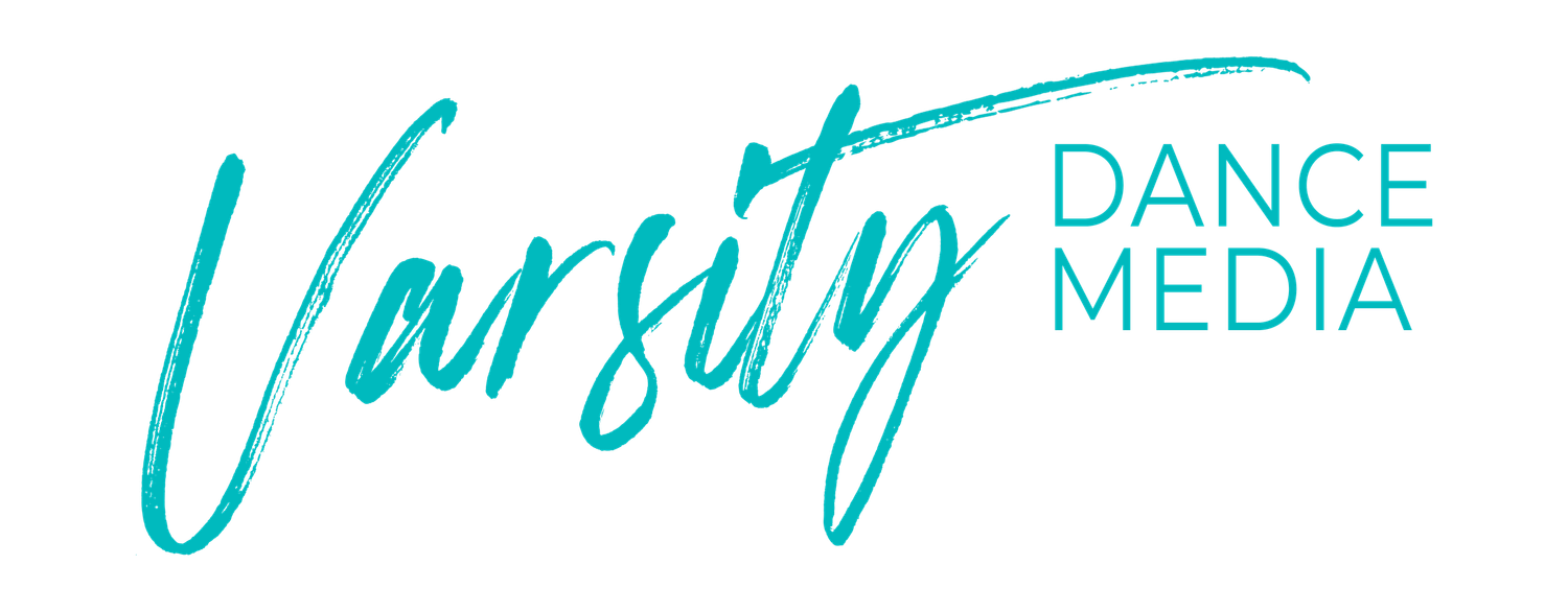 Varsity Dance Media logo in teal cursive and sans-serif typography on white background.