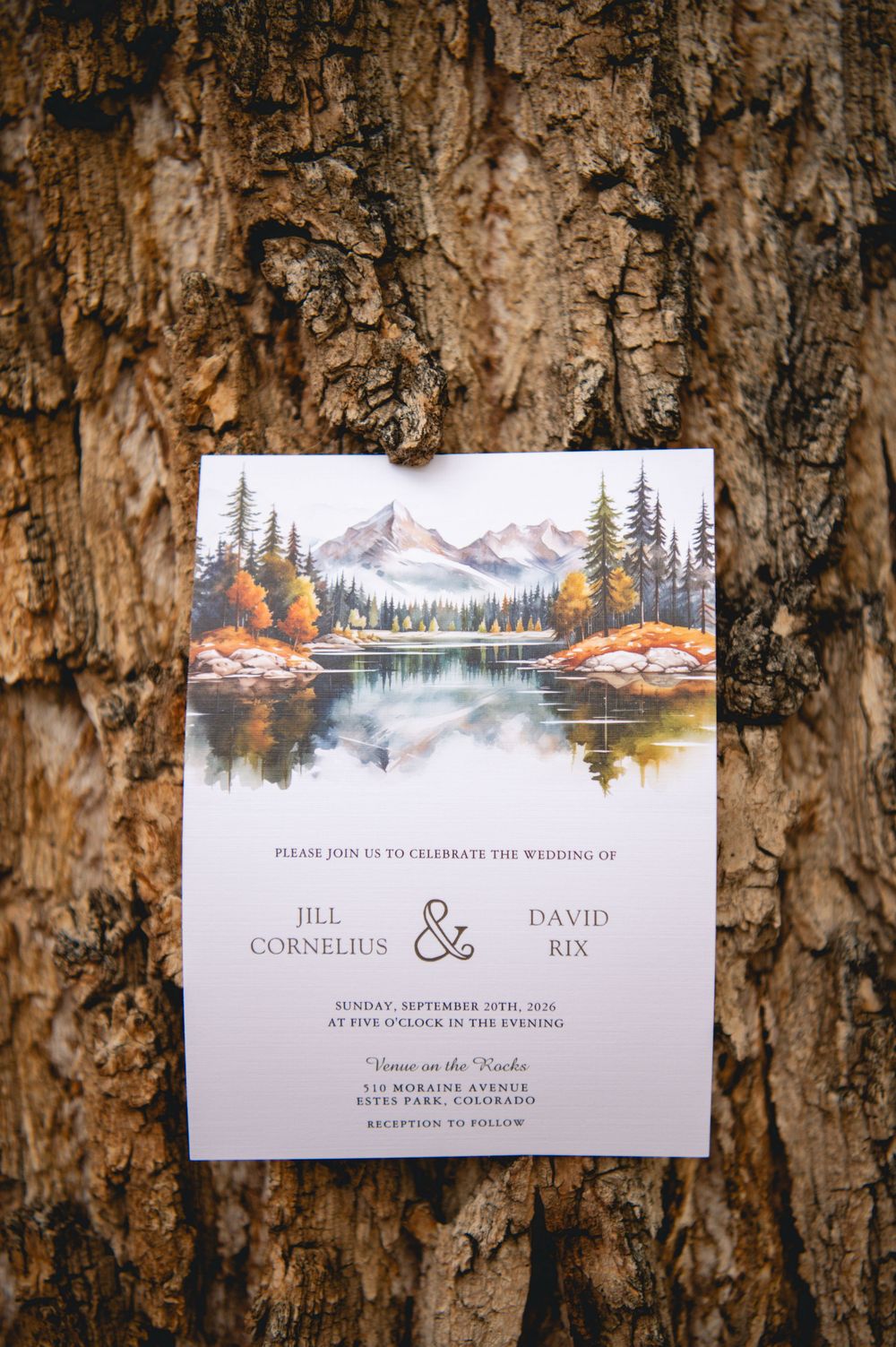 Wedding invitation for Jill Cornelius and David Rix featuring watercolor mountain lake scene, displayed against rustic tree bark.