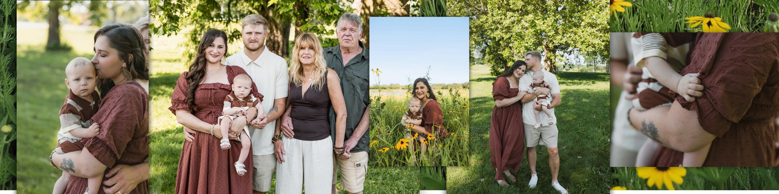 Family portrait session in a lush green garden with parents holding children in coordinating outfits.