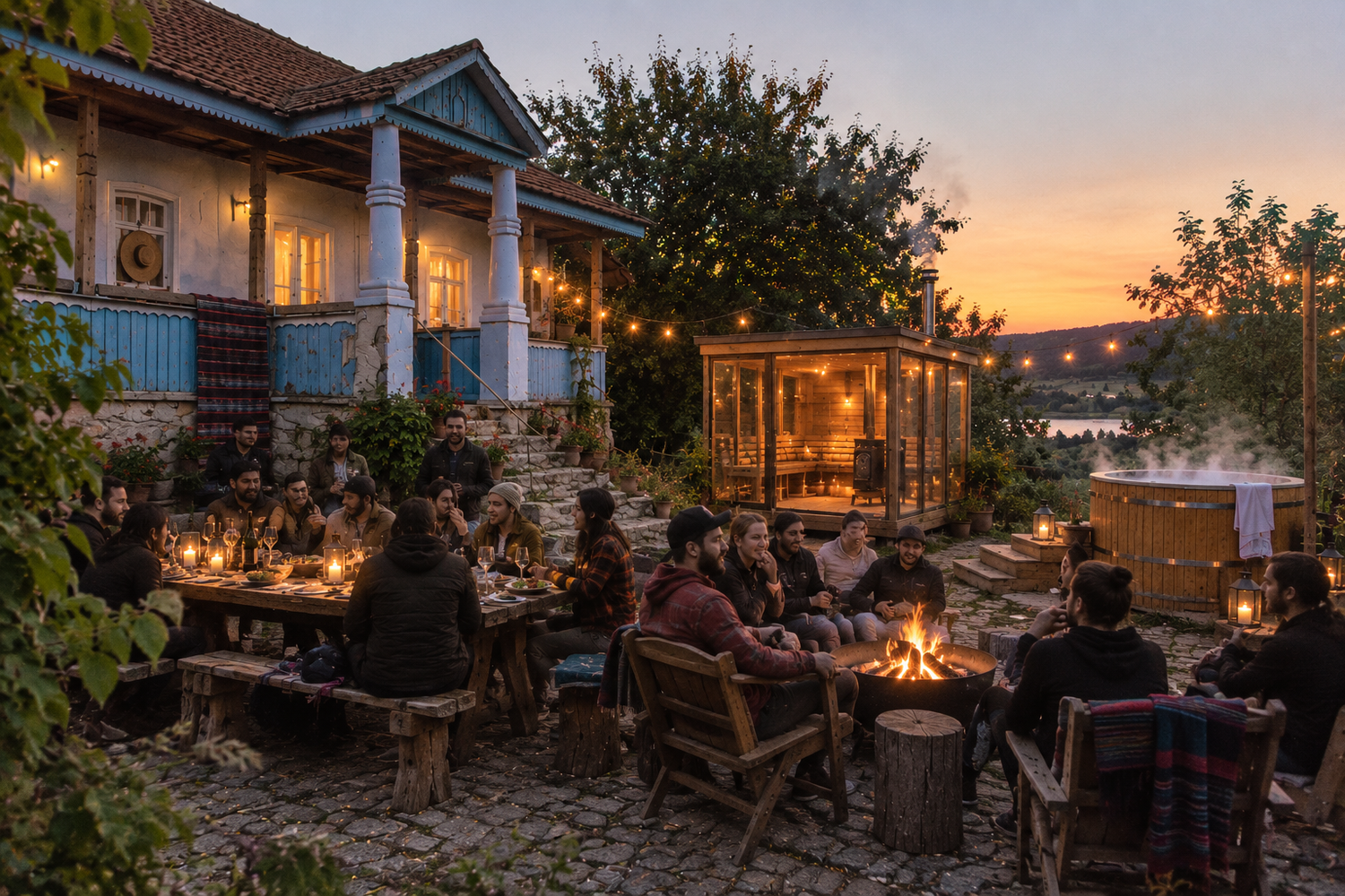 Group of people dining outdoors at sunset around a fire pit near a charming historic house with string lights.