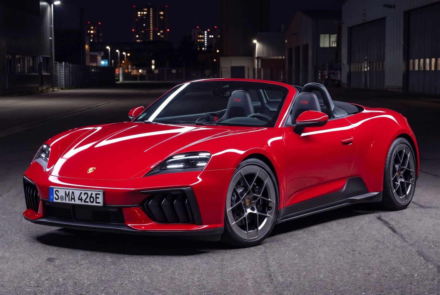 Red Ferrari supercar rear view on a race track at dusk, featuring large spoiler and aggressive aerodynamic bodywork.