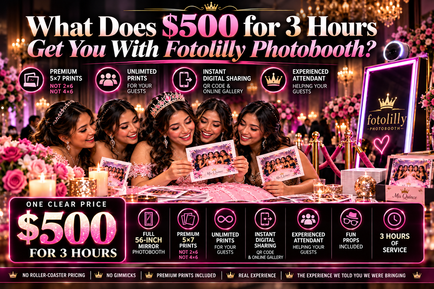 Grapevine TX quinceañera photo booth rental with premium 5×7 prints, instant sharing, 56-inch Mirror Photobooth and trained DFW event staff