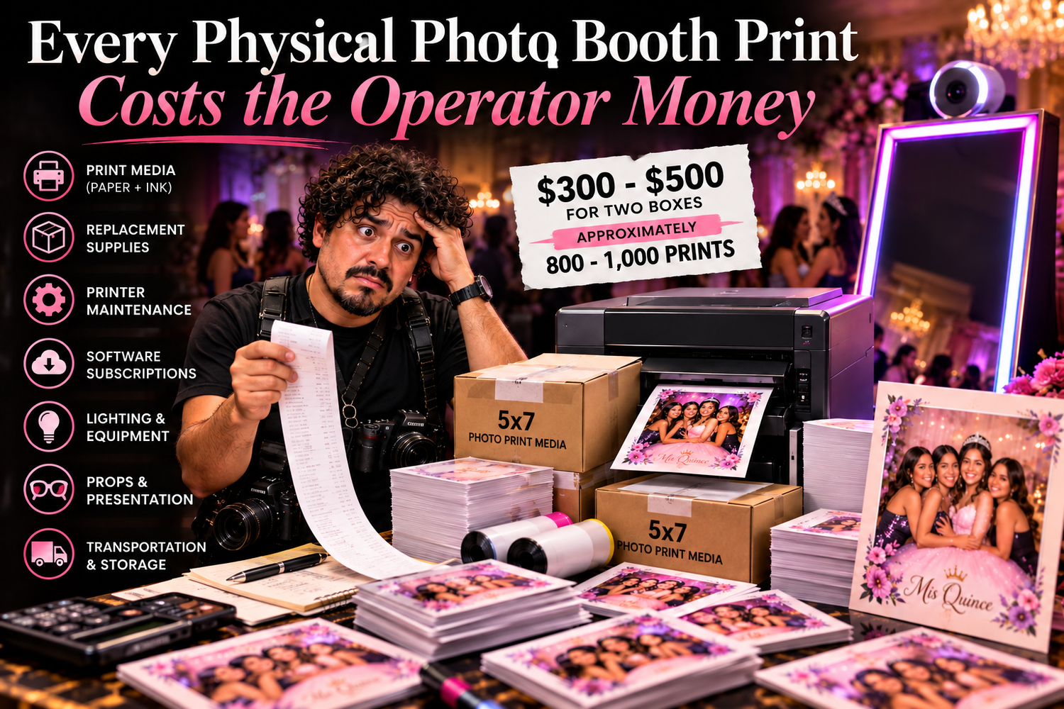 DFW digital photo booth vs printed photo booth guide comparing premium 5×7 prints, 2×6 strips and instant sharing for local quinceañeras.