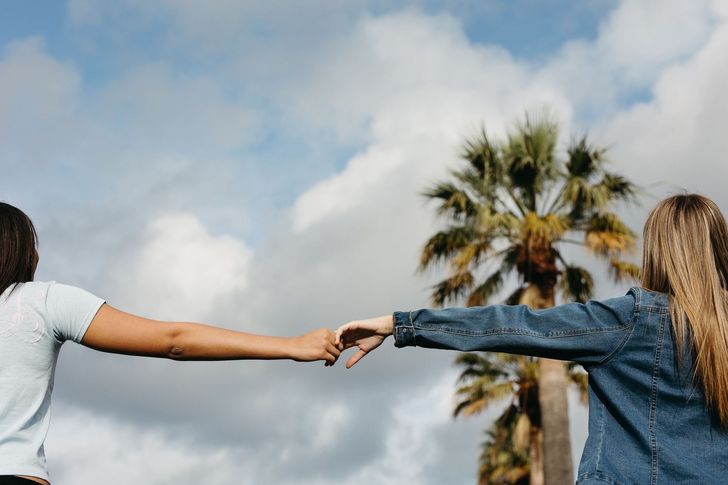 Two women holding hands outdoors with a palm tree and cloudy blue sky in the background.