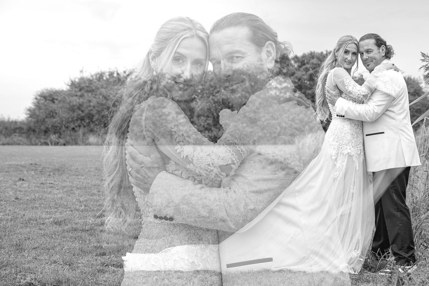 Black and white double exposure wedding photo of two couples embracing outdoors in a field.Yorkshire, Sheffield, Lincolnshire, UK, Leeds