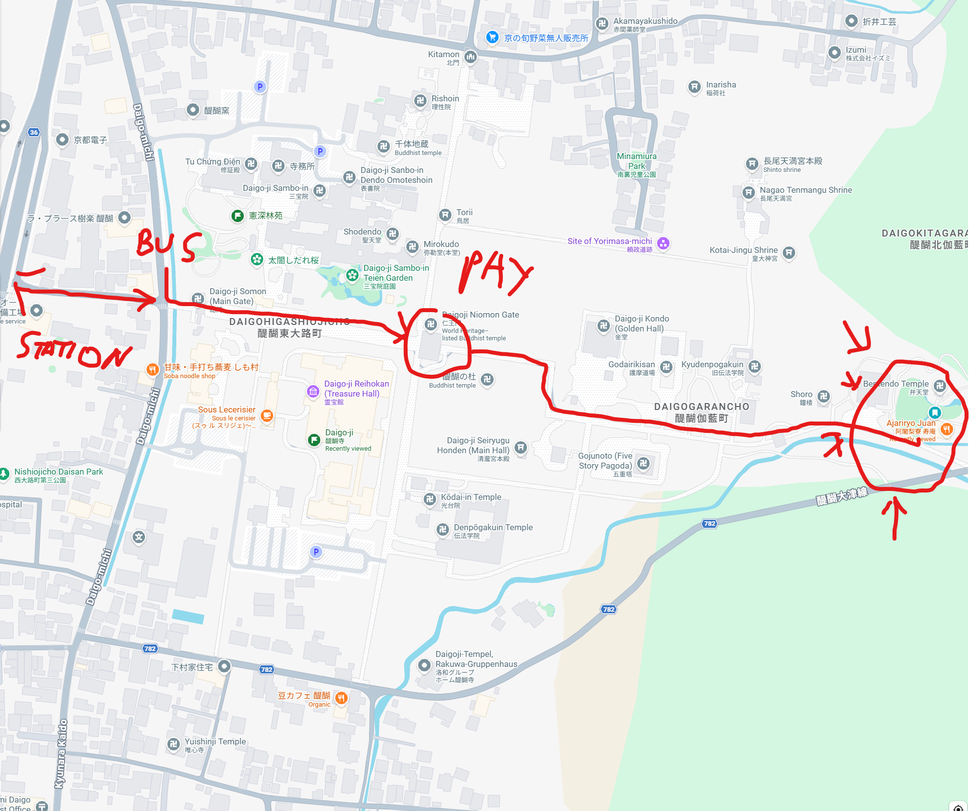 Map showing a green park area with a marked walking route in an urban district.