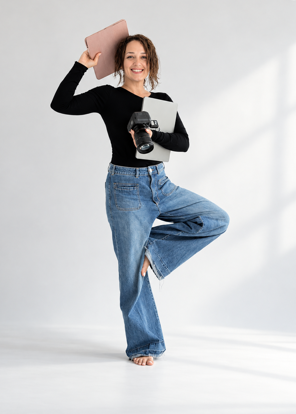 Professional head and shoulders portrait of someone wearing white top and jeans in casual studio setting.