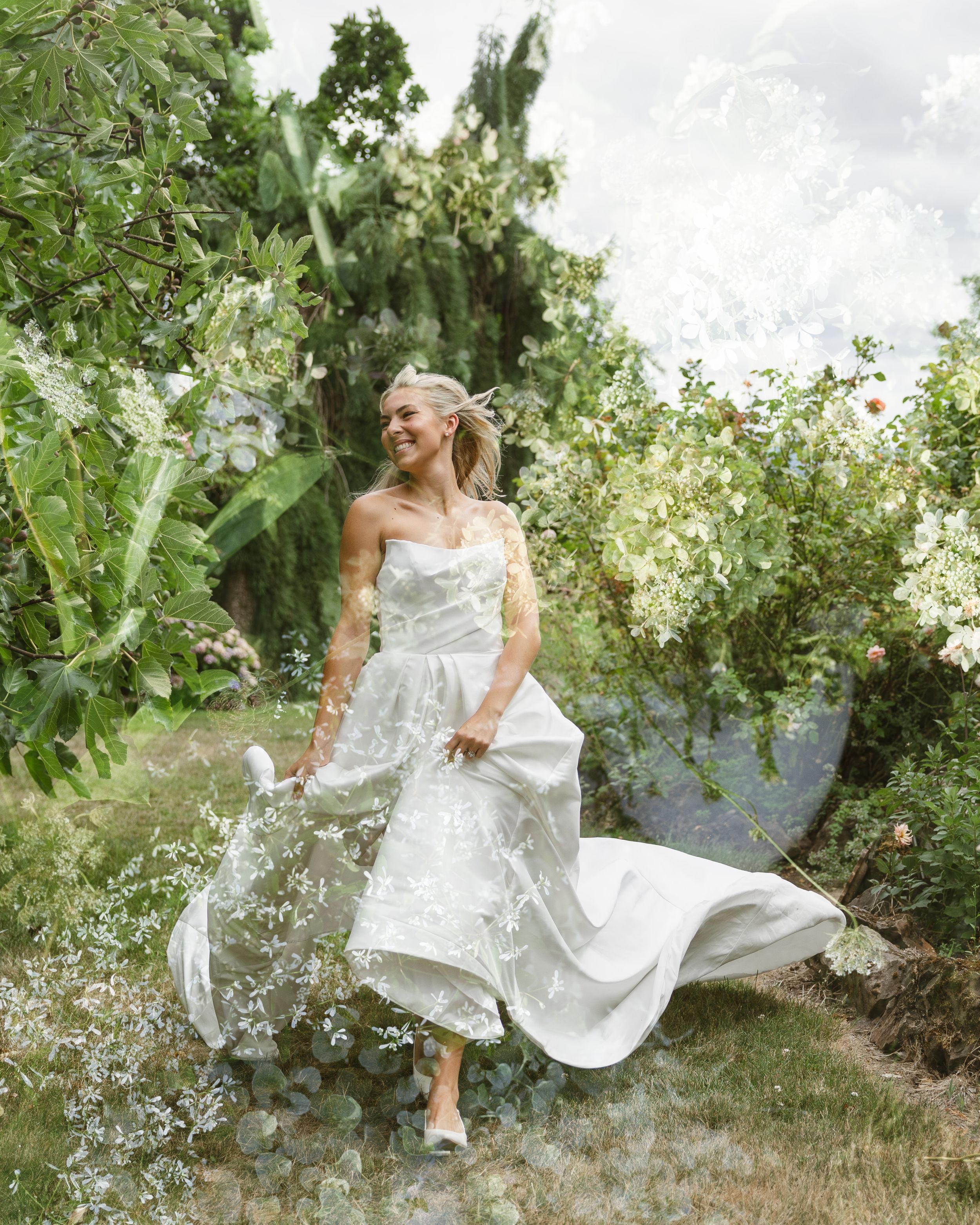White bridal slingback heels nestled among lush green leaves and vines, creating an elegant nature-inspired wedding shoe display.