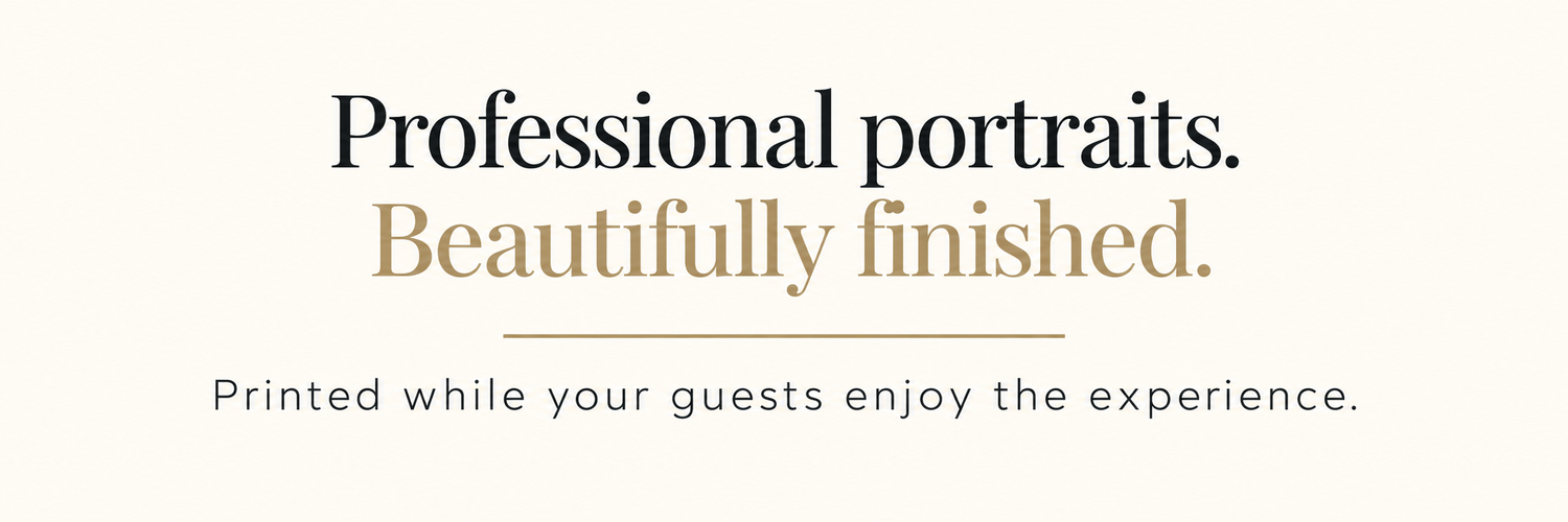 Elegant banner promoting professional portrait printing services with gold and black typography on a cream background.