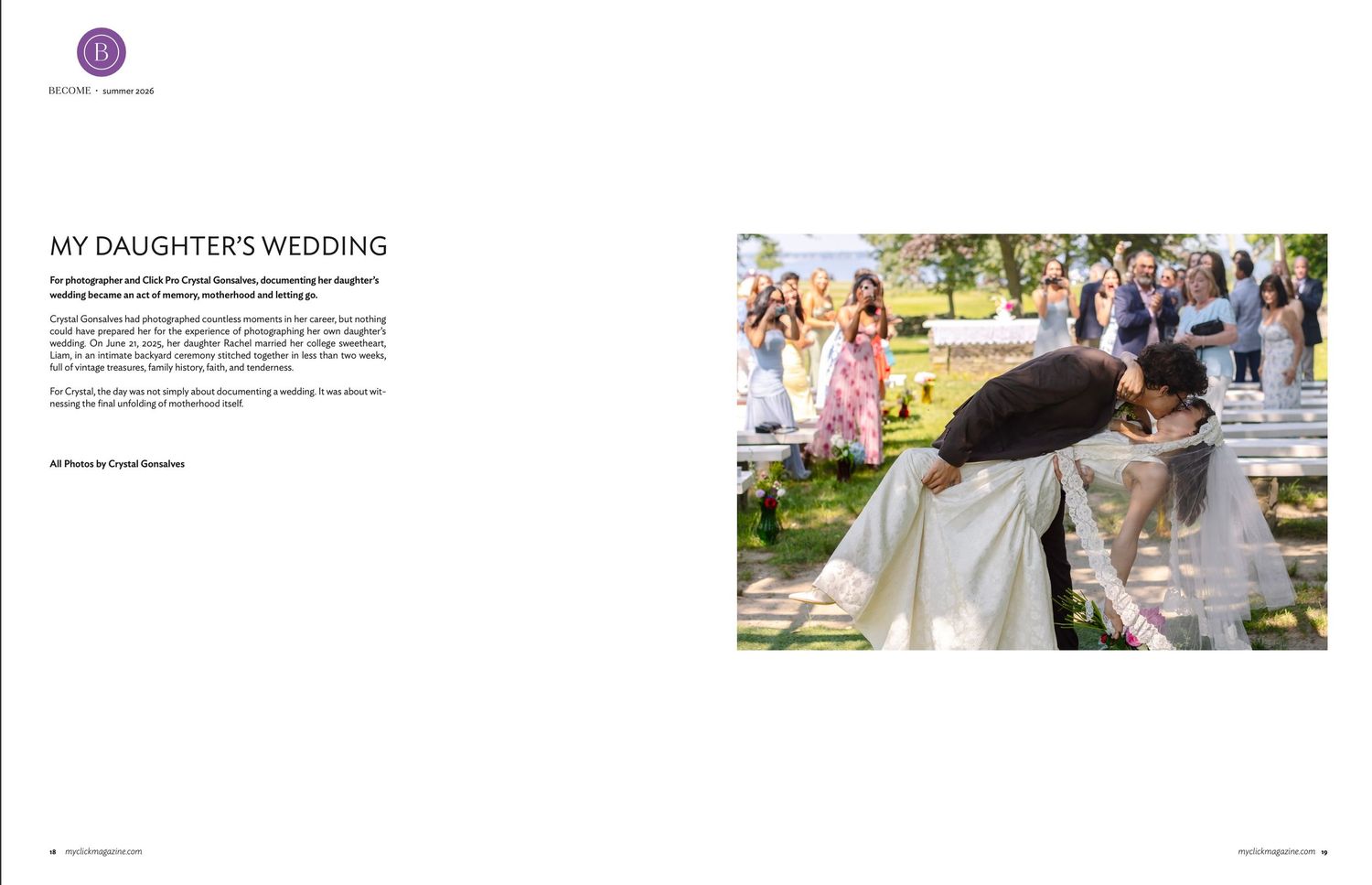 Click Magazine Summer 2026 publication. Mother photographs daughter's wedding in Warren, Rhode Island. Rhode Island wedding photographer