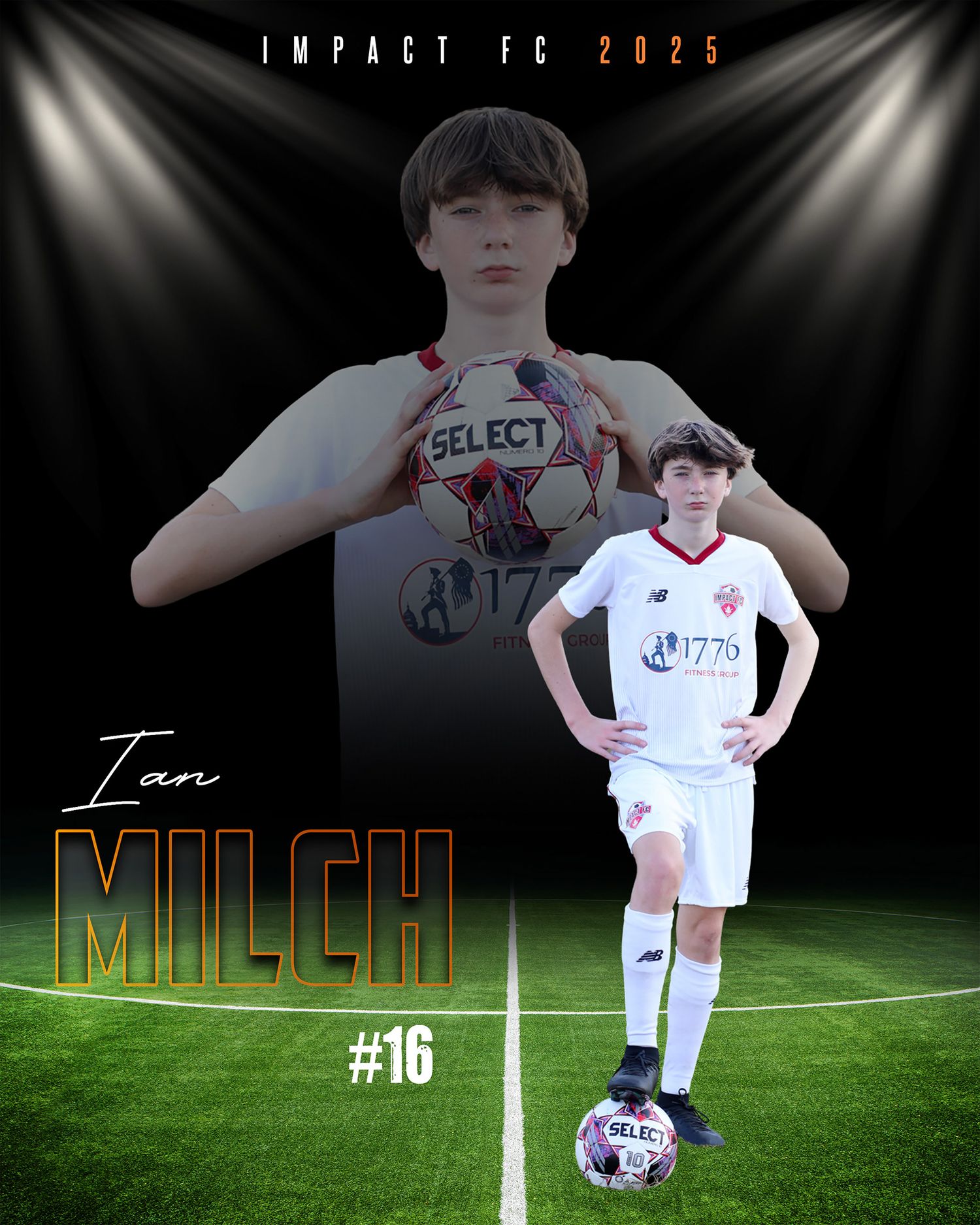 Ian Milch #16 Impact FC 2025 youth soccer player posing in white and red uniform with a Select soccer ball.