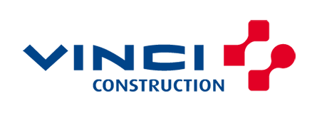 Vinci Construction company logo featuring bold blue text and a red cross-shaped connector symbol on white background.
