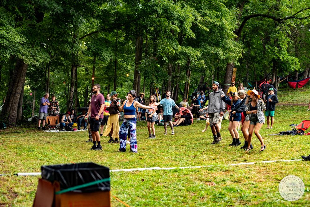 Festival-goers dancing and socializing on a grassy field surrounded by lush green trees at an outdoor summer event.