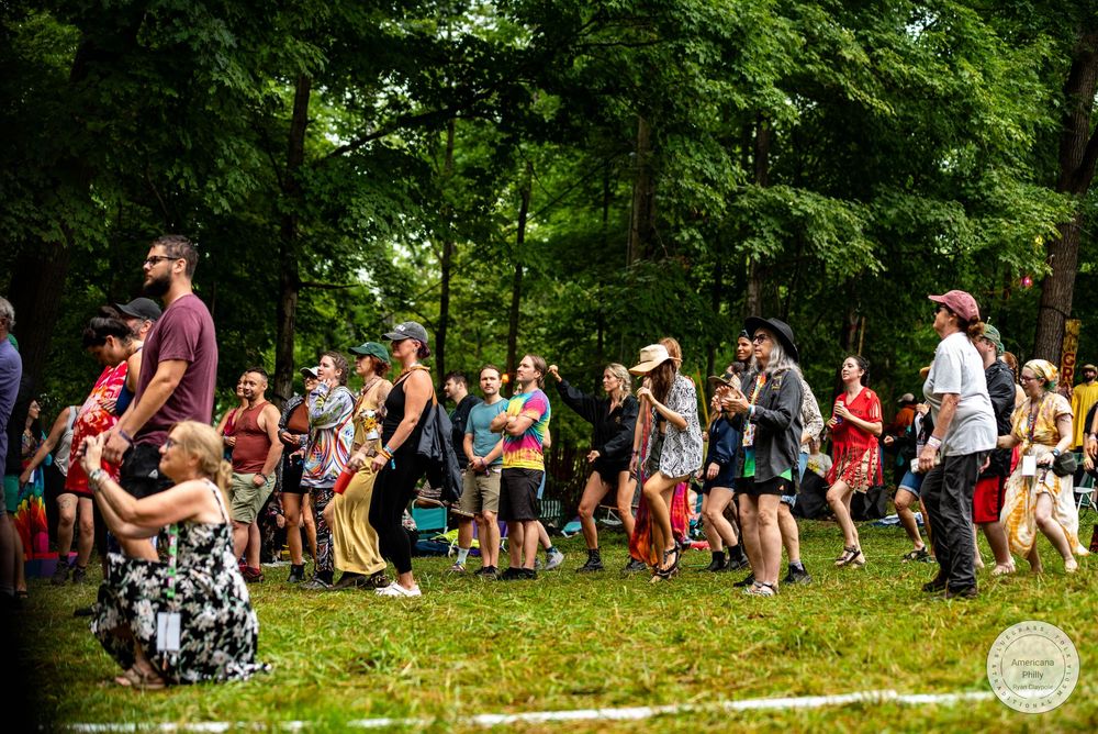 Crowd of festival-goers dancing and socializing outdoors in a lush green wooded park setting on a sunny day.