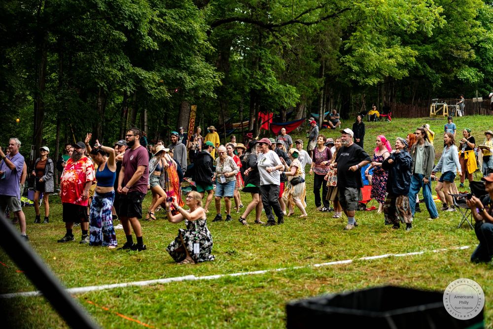 Crowd of festival-goers enjoying an outdoor music event on a grassy field surrounded by lush green trees.