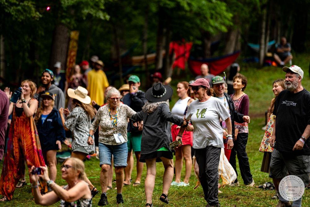 Crowd of festival-goers dancing and socializing outdoors on a grassy hill surrounded by colorful decorations.