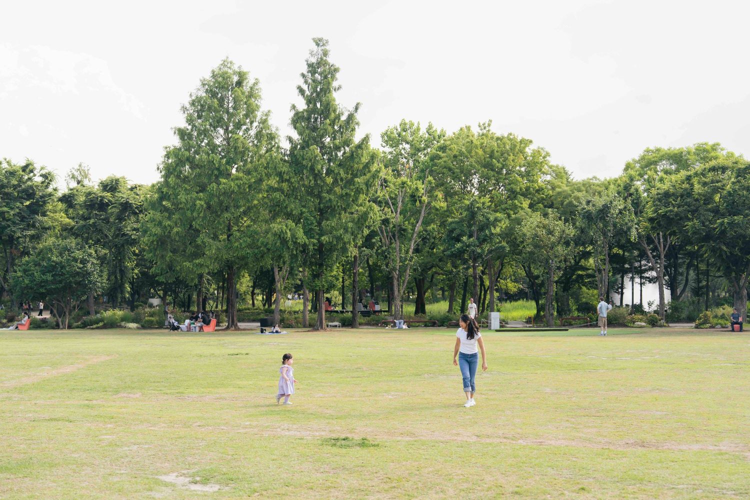 Two people playing in a lush green park surrounded by tall trees on a cloudy day.