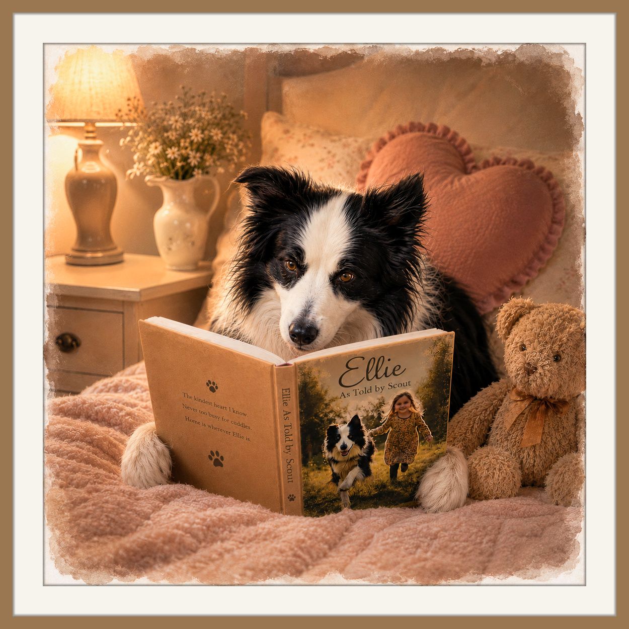 Border Collie dog reading a book titled Ellie on a cozy bed with a teddy bear and heart pillow.
