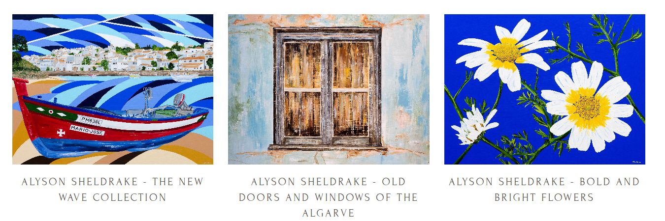 Three Alyson Sheldrake art prints featuring boats, old doors, and bright flowers from the Algarve.