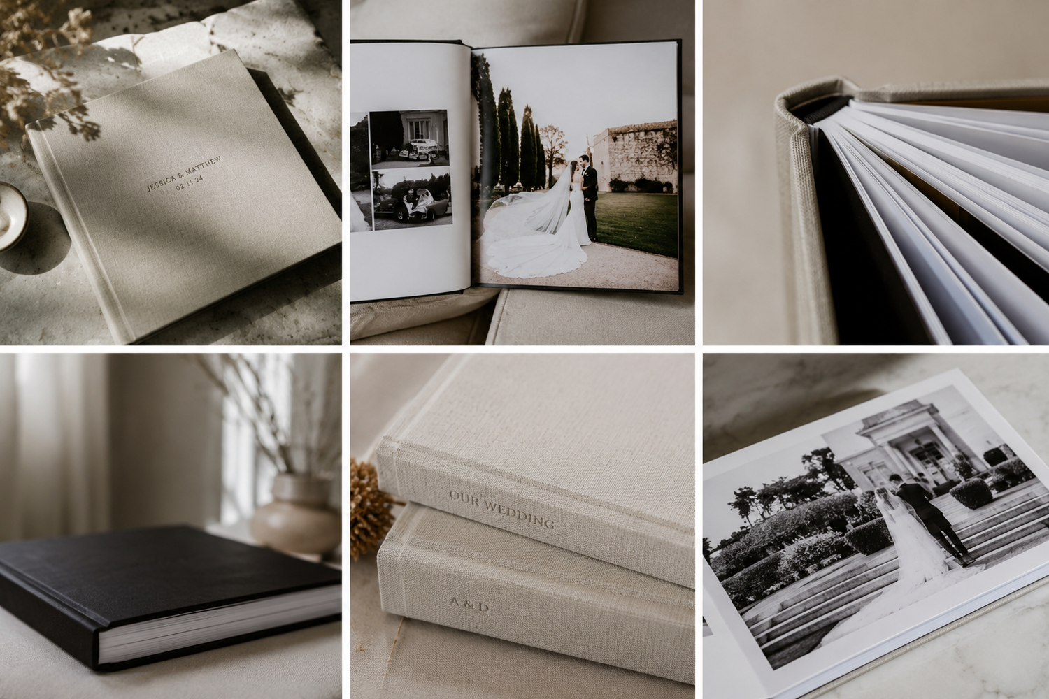 Elegant wedding photo albums with linen covers displayed open and closed, showcasing fine art black and white photography prints.
