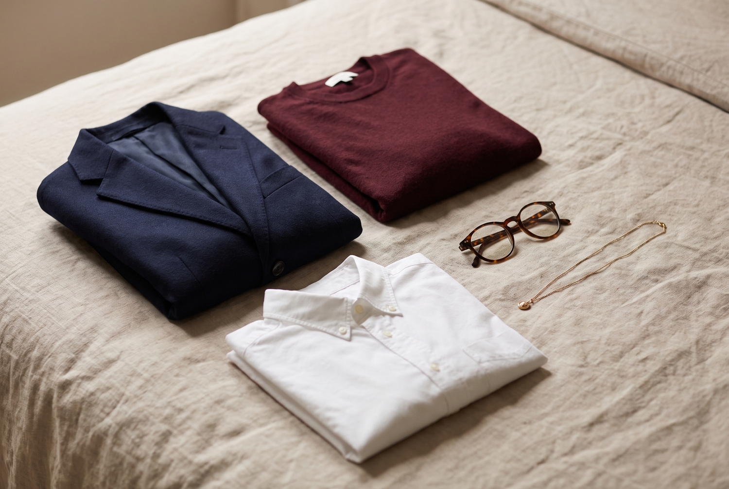 Considered outfit options laid out for a personal branding photoshoot — navy blazer, burgundy knit and white shirt