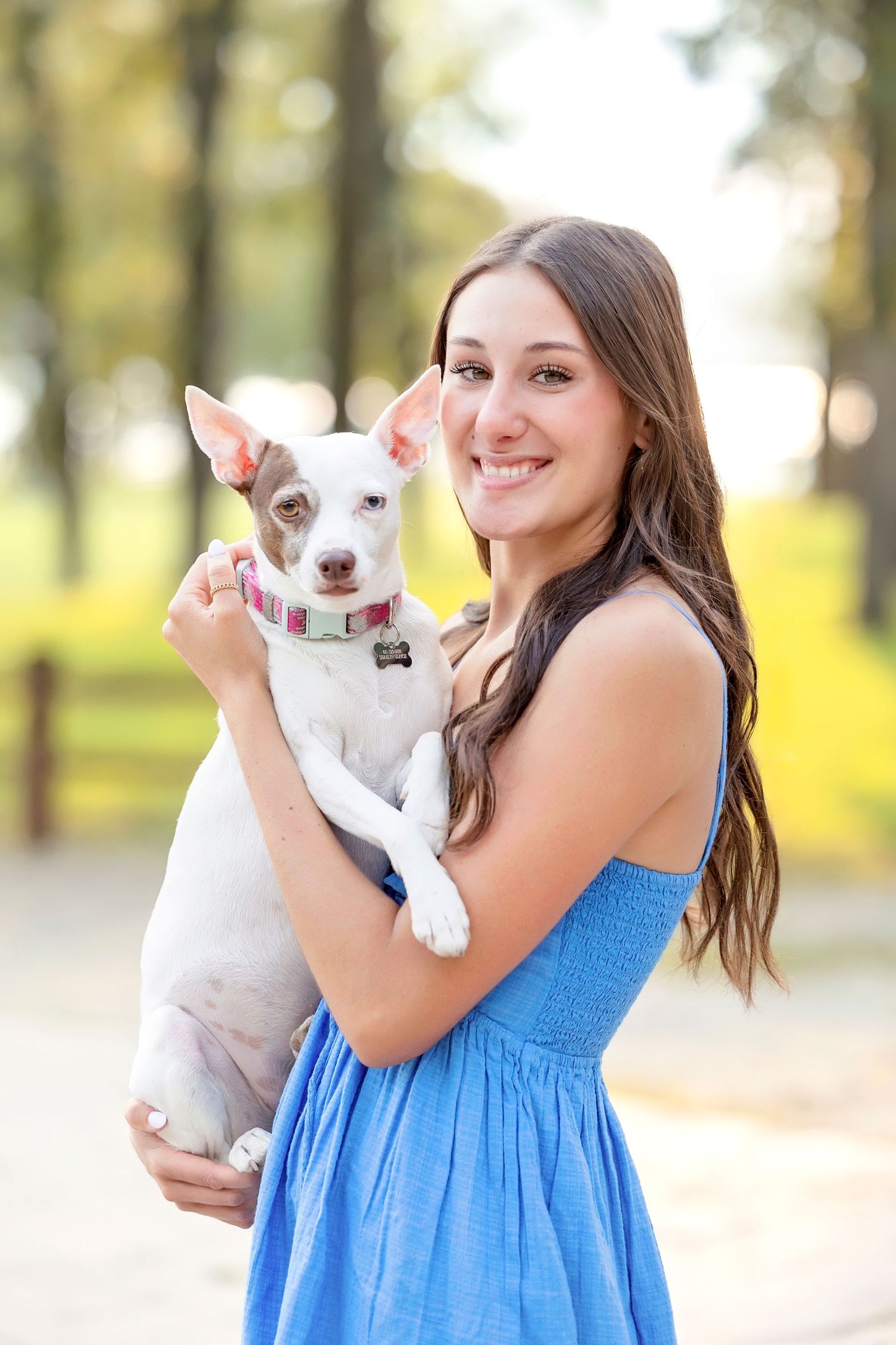 Smiling young woman in blue dress holding a white and brown Chihuahua mix dog outdoors in a sunny park.