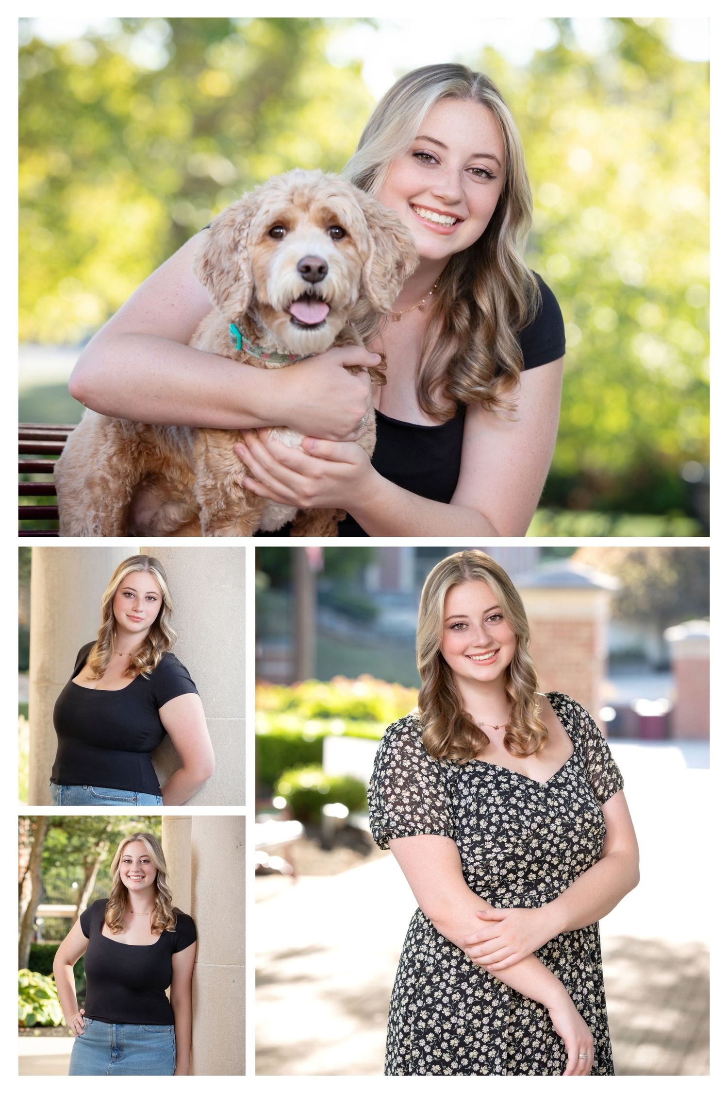 Delaware Christian senior portrait session in downtown Delaware Ohio featuring brick, city backgrounds, and photos with her dog.