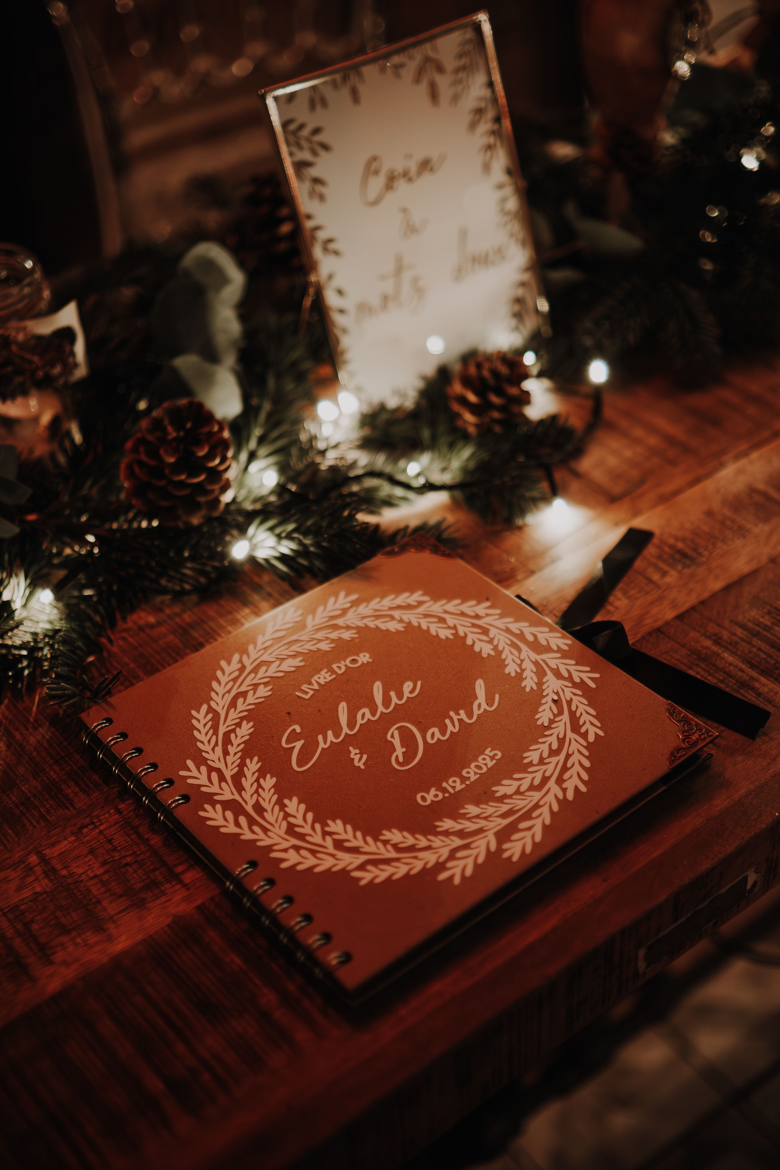 Rustic wedding guest book for Eulalie & David on a wooden table with pine cones, greenery, and warm fairy lights.