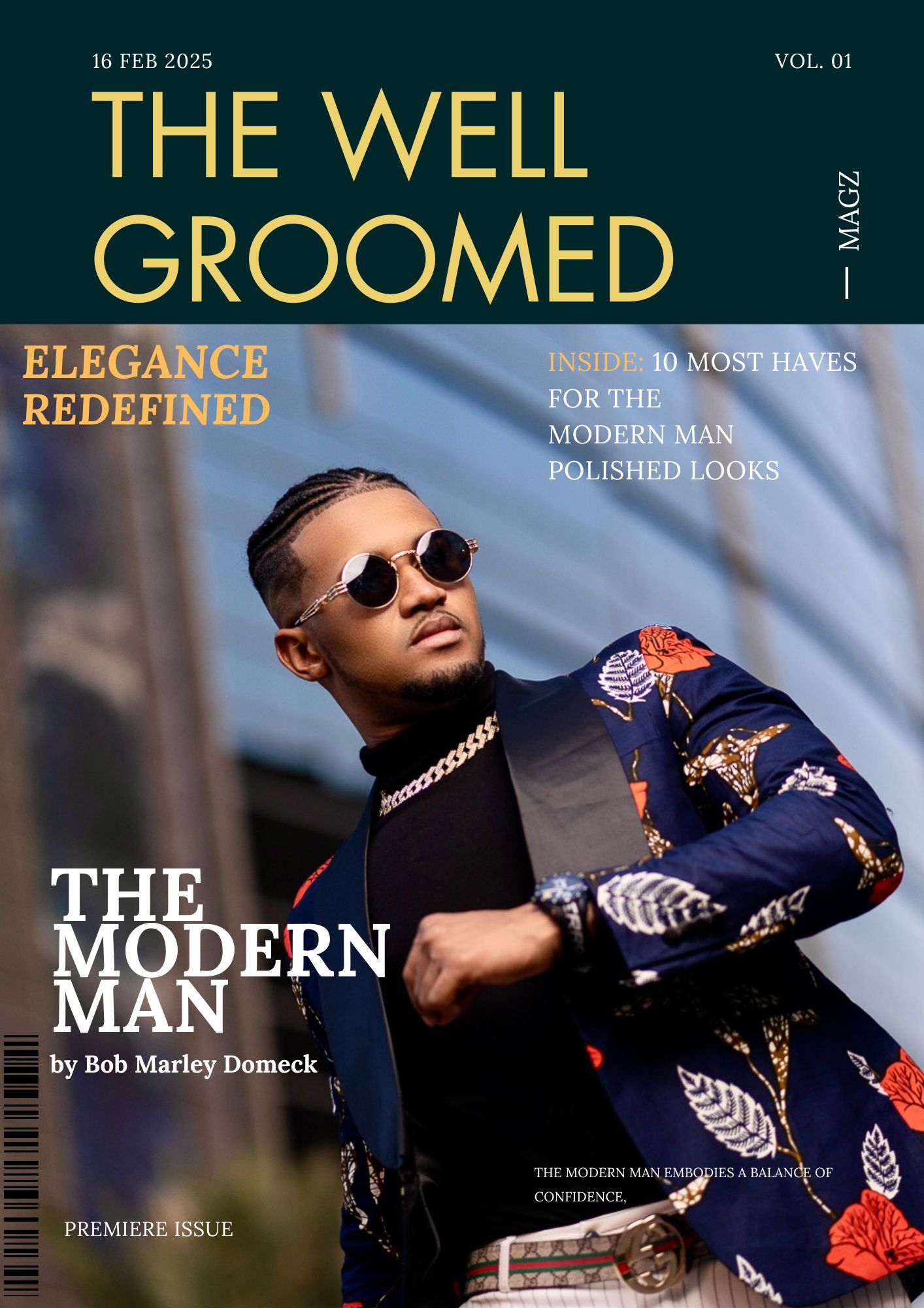 Magazine cover of The Well Groomed featuring a stylish man in a floral jacket and sunglasses, titled The Modern Man.