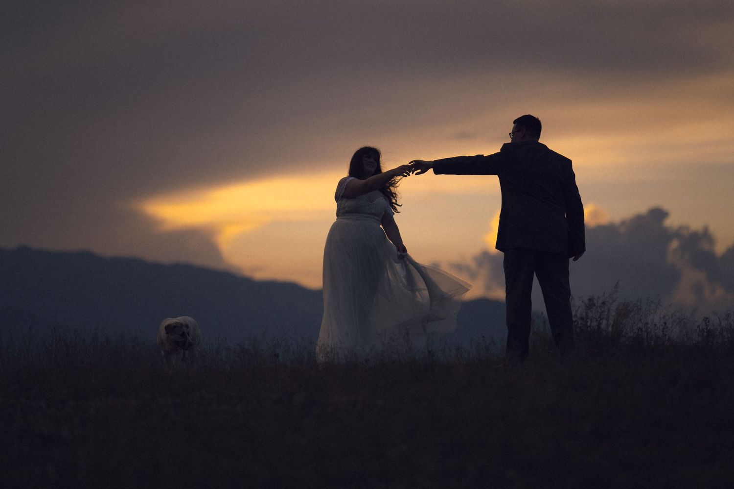 Silhouette of a wedding couple holding hands at sunset with dramatic clouds and a small dog nearby.