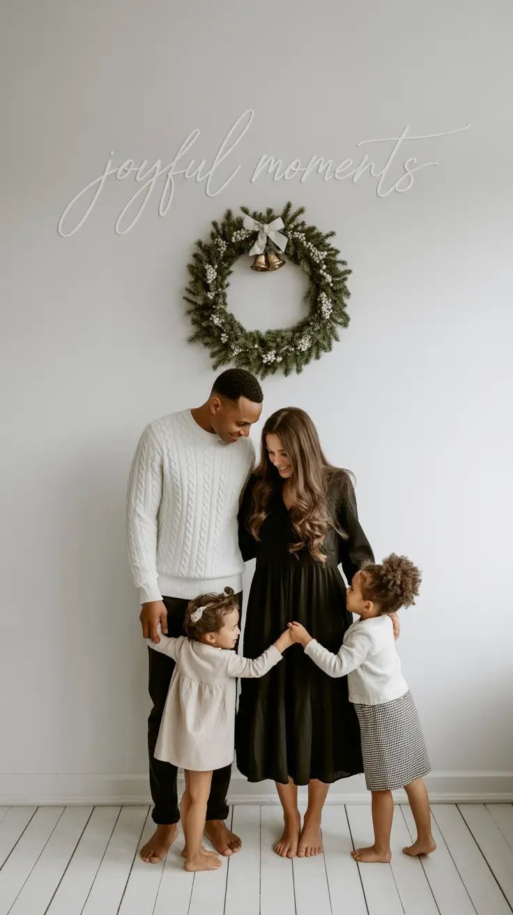 Family of four in holiday attire poses under a Christmas wreath with joyful moments sign on white wall.