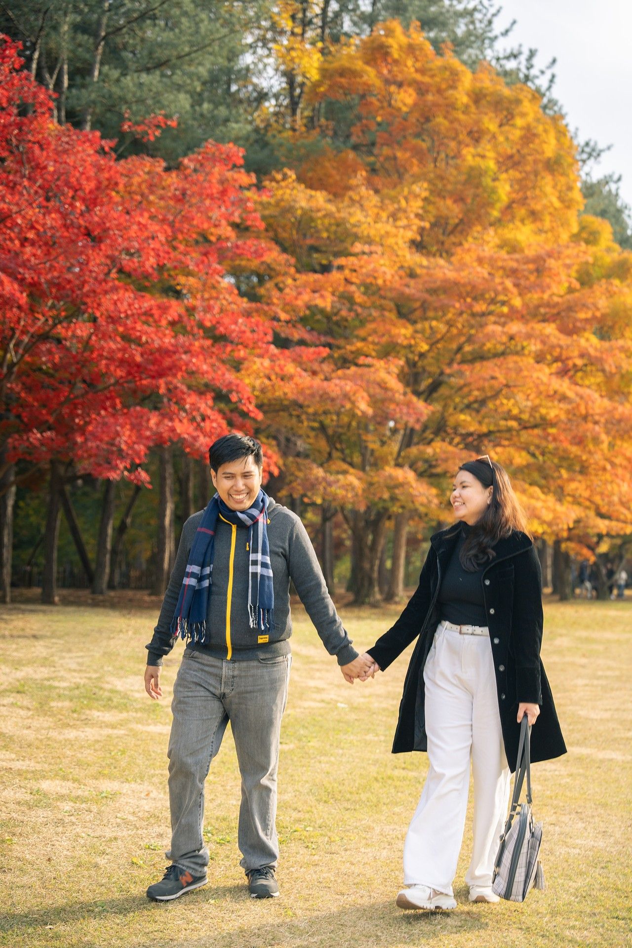 Couple holding hands walking in autumn park with vibrant red and orange foliage trees in background.