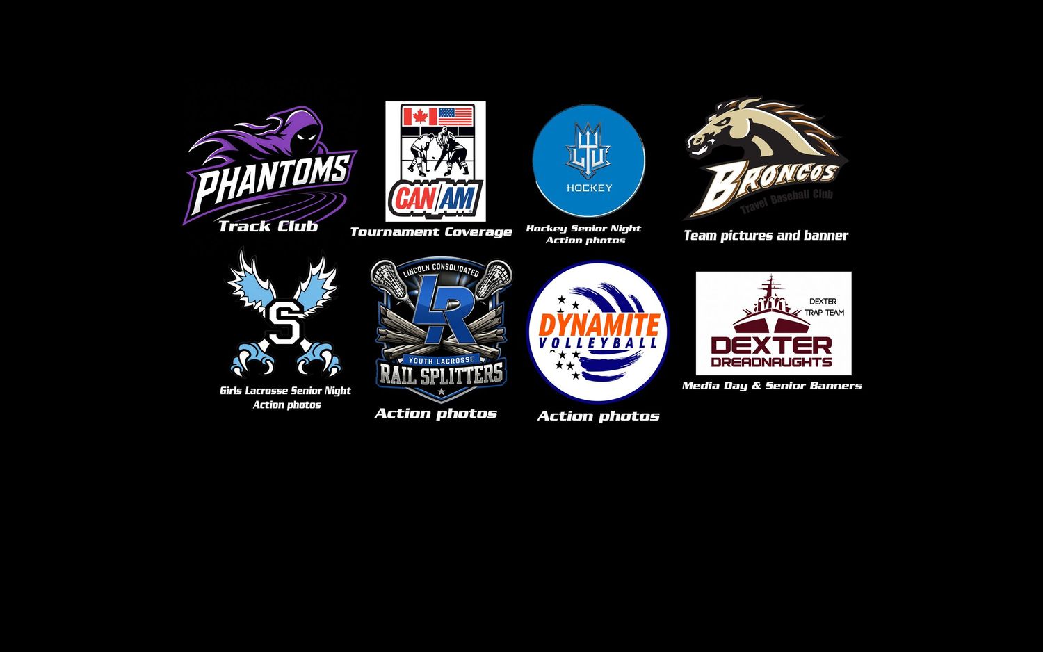 Collage of sports team logos including Phantoms Track Club, CanAm Hockey, Broncos, Rail Splitters, Dynamite, and Dexter Dragonflies.