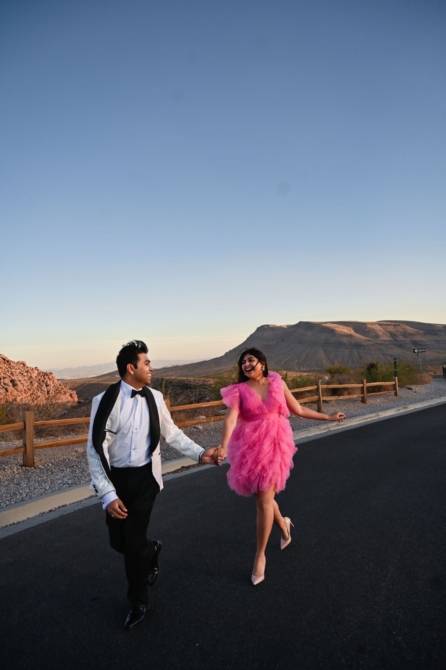 Couple in formal wear holding hands on a desert road at sunset, woman in pink tulle dress, man in tuxedo.