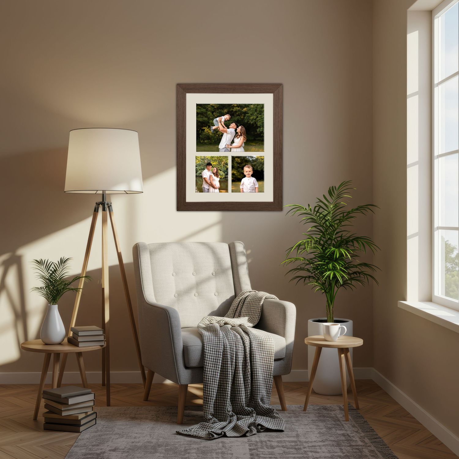 Cozy living room with a gray armchair, tripod floor lamp, and a dark wood multi-photo frame on a beige wall.