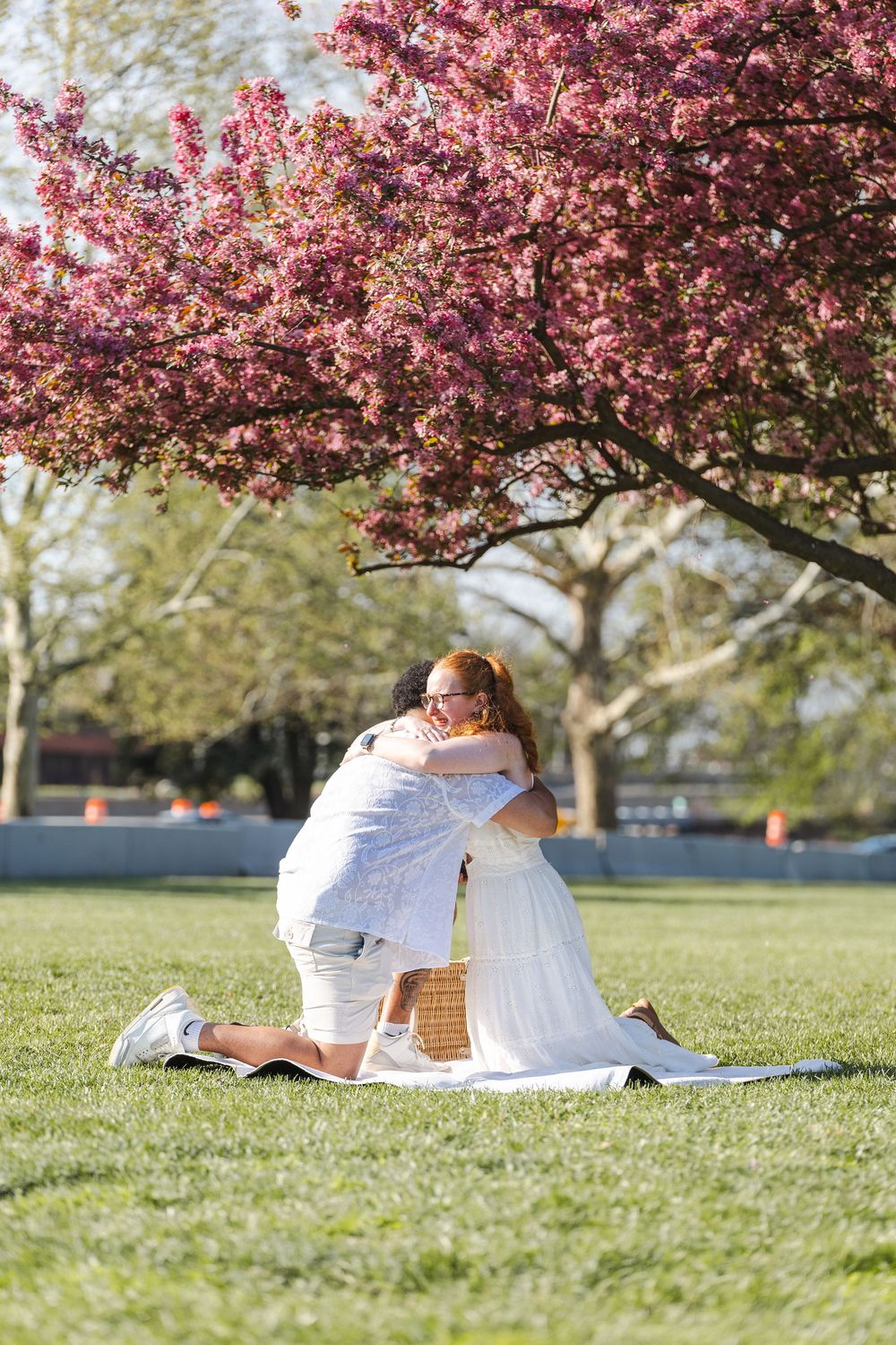 Couple embracing on a blanket under a blooming pink cherry blossom tree in a green park on a sunny day.